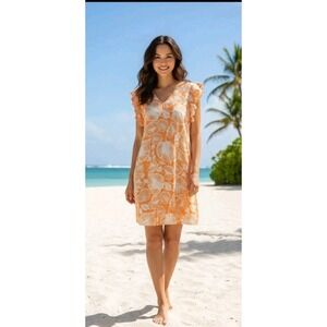 TAHARI 100% Linen Shift Dress Flutter Sleeve Orange Tropical‎ Leaf Coastal XL